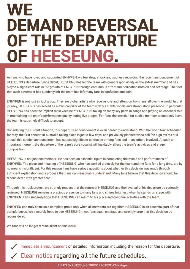 แฟนๆ ENHYPEN เรียกร้องให้ Heeseung กลับคืน, ประกาศประท้วงด้วยรถบรรทุก