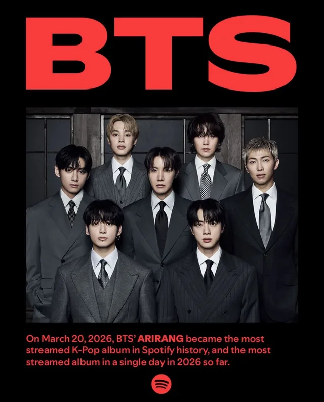 BTS ครอง 14 อันดับแรกบน Spotify Global Chart พร้อมทำลายสถิติการสตรีมในวันแรกด้วย "ARIRANG"