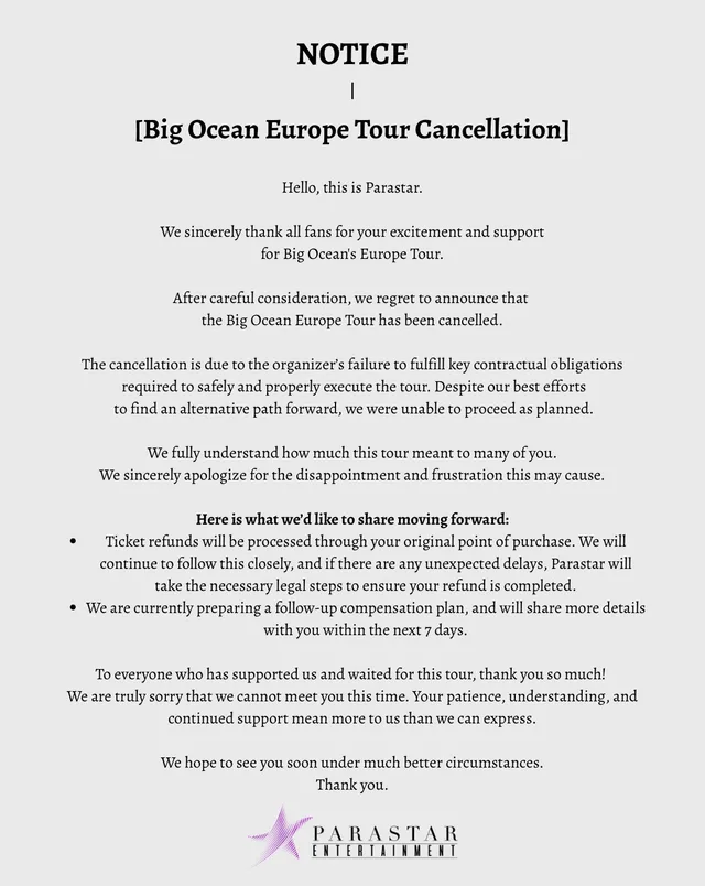 ทัวร์ยุโรปของ Big Ocean ถูกยกเลิกกะทันหัน