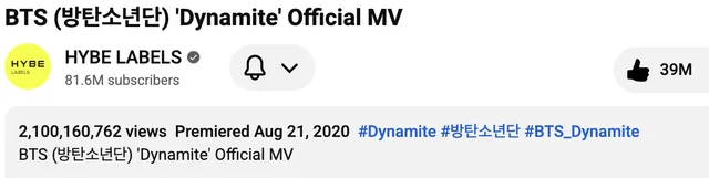 MV เพลง “Dynamite” ของ BTS ทะลุ 2.1 พันล้านวิว! สร้างสถิติใหม่ให้วงการ K-Pop