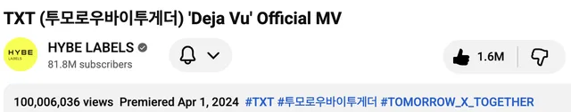 TXT สร้างประวัติศาสตร์! MV “Deja Vu” ทะลุ 100 ล้านวิว ขึ้นแท่น MV ที่ 10 ของวง