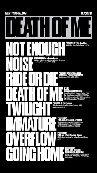 EVAN ปล่อยรายชื่อเพลงอัลบั้มเดี่ยวชุดแรก 'DEATH OF ME' โชว์ความสามารถรอบด้าน
