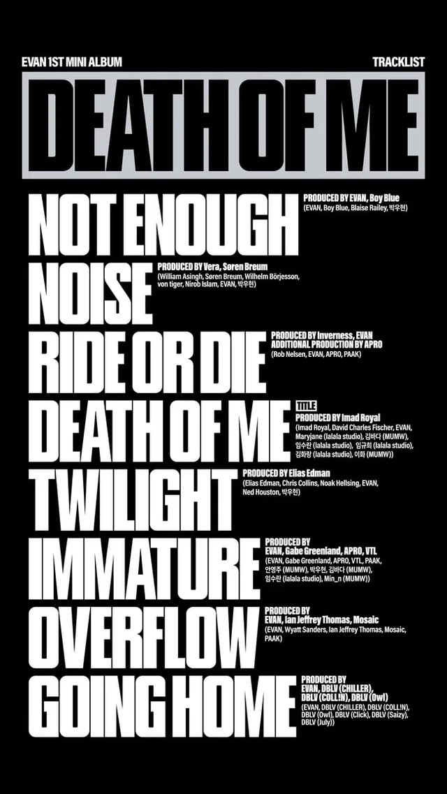 EVAN ปล่อยรายชื่อเพลงอัลบั้มเดี่ยวชุดแรก 'DEATH OF ME' โชว์ความสามารถรอบด้าน