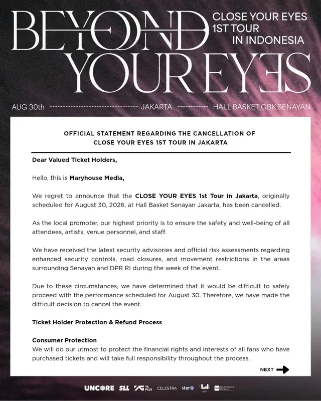 คอนเสิร์ต CLOSE YOUR EYES ที่จาการ์ตาถูกยกเลิกกะทันหัน