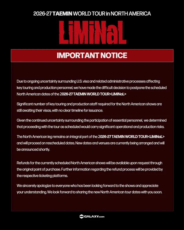 Taemin วง SHINee เลื่อนทัวร์คอนเสิร์ต "LiMiNaL" ในอเมริกาเหนือ